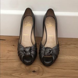Louboutin Gunmetal Knotted Peep Toe Pumps